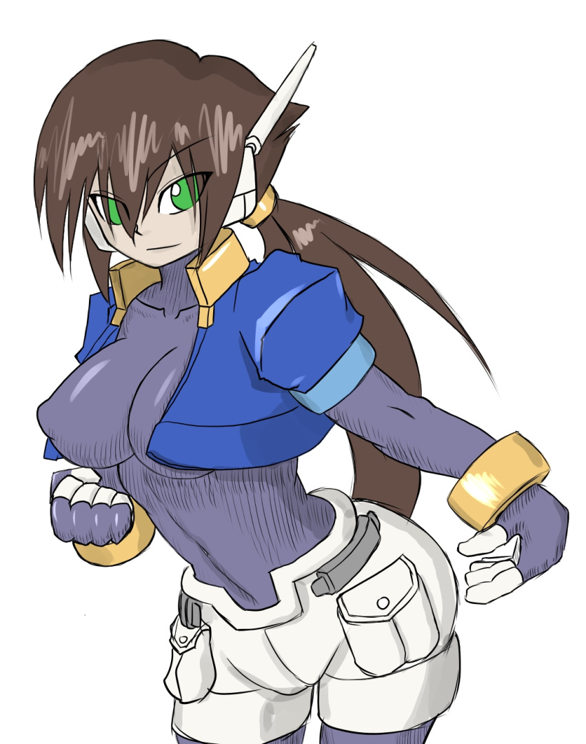 1girl aile alternate_breast_size bent_over bodystocking bracelet breasts brown_hair capcom clenched_hand cropped_jacket erect_nipples eyebrows_visible_through_hair green_eyes inti_creates jacket large_breasts long_hair ponytail puffy_short_sleeves rockman rockman_zx rockman_zx_advent shorts uranium_777