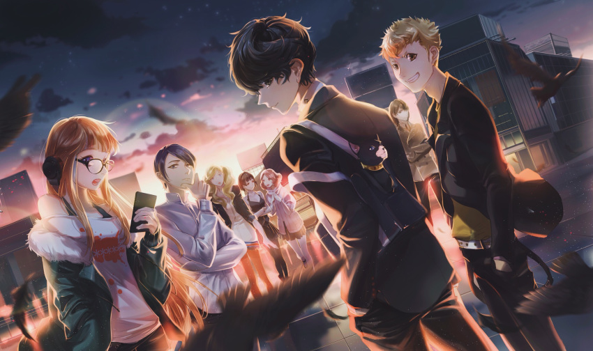 4girls akechi_gorou amamiya_ren bag bird black_hair black_legwear black_pants black_skirt blonde_hair brown_eyes brown_jacket cat cellphone cloud crossed_arms dutch_angle eye_contact green_jacket grey_jacket hand_on_own_chin handbag hands_in_pockets headphones highres jacket kitagawa_yuusuke long_hair looking_at_another looking_at_viewer morgana_(persona_5) mozer_(zerlinda) multiple_boys multiple_girls niijima_makoto okumura_haru outdoors pants persona persona_5 phone red_hair sakamoto_ryuuji sakura_futaba shirt short_hair shuujin_academy_uniform skirt smartphone smile standing t-shirt takamaki_anne twintails white_legwear