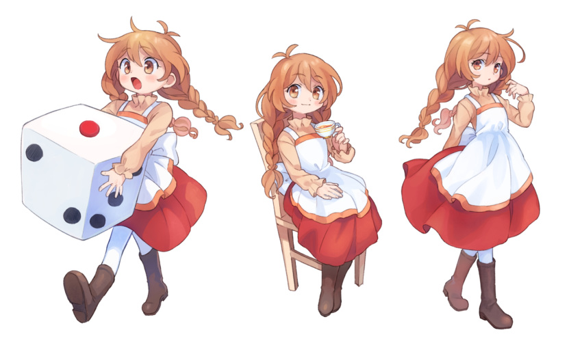 1girl apron artist_request boots braid brown_eyes brown_hair dress flying_red_barrel long_hair long_sleeves marc_(red_barrel) multiple_views open_mouth pantyhose smile source_request
