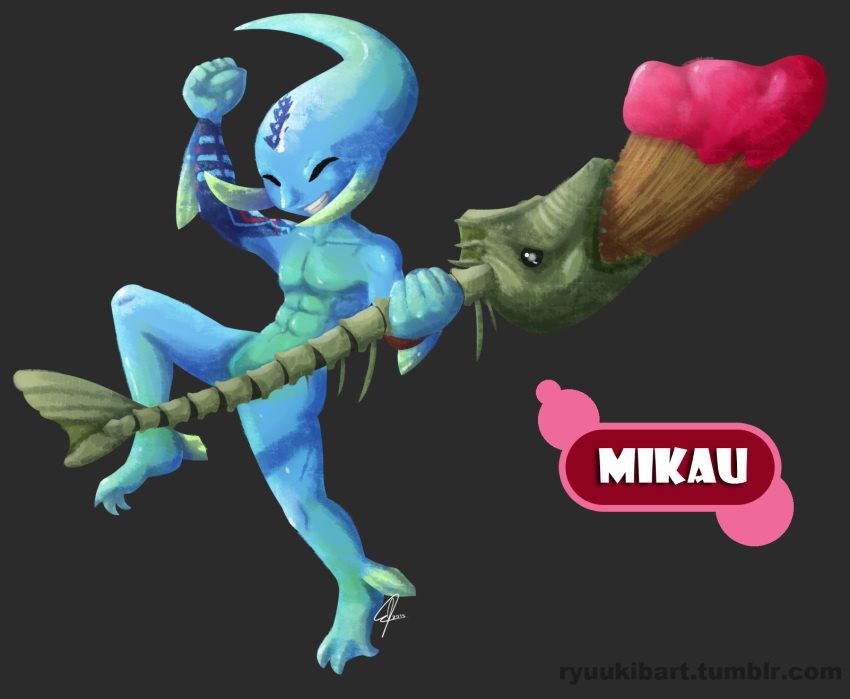 abs bone crossover english_text eyes_closed fish grey_background grin happy hi_res majora's_mask male marine mikau muscular nintendo paintbrush ryuukiba signature simple_background smile solo splatoon teeth text the_legend_of_zelda video_games zora