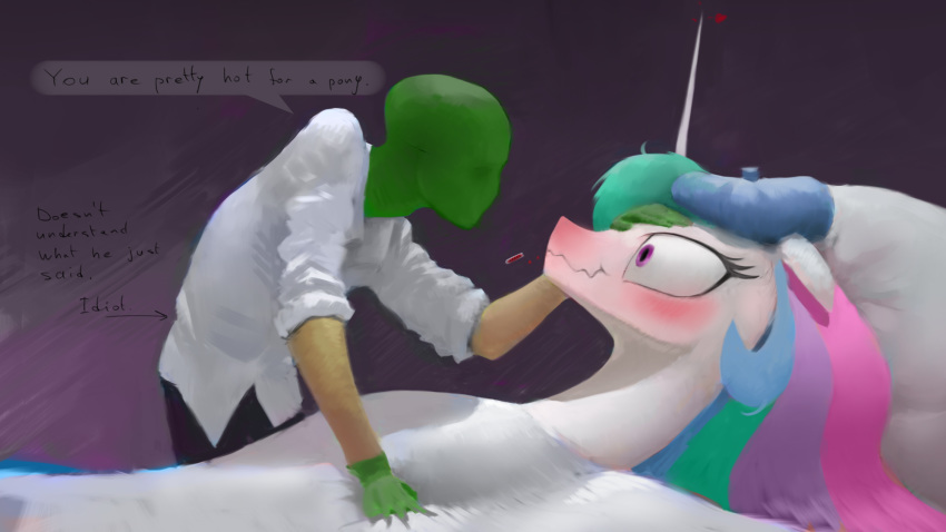 &lt;3 anon bed bedding blanket blush broken_glass clothed clothing crush crying duo embarrassed english_text equine feels female feral fever floppy_ears friendship_is_magic gloves green_skin hair hand_on_head horn human ill inside lying male male/female mammal multicolored_hair my_little_pony on_back pillow princess_celestia_(mlp) remi721 rubbing scrunchy_face smile tears text thermometer unicorn wavy_mouth white_skin wide_eyed