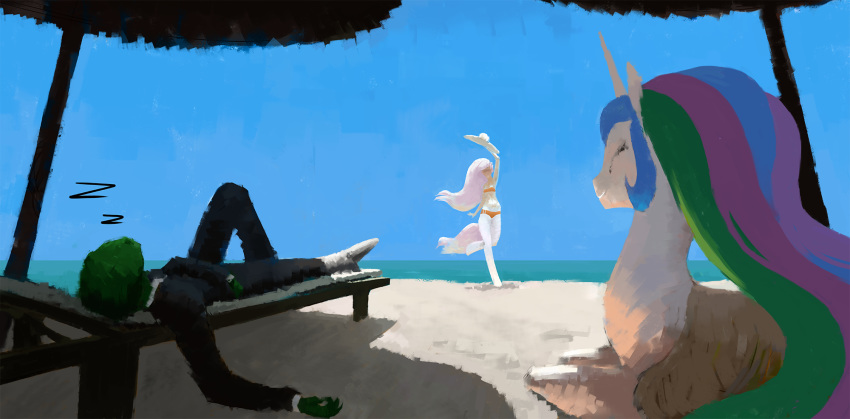 anon anthro beach clothed clothing dawn_(disambiguation) equine eyelashes eyes_closed family fan_character female feral friendship_is_magic green_skin group group_sex hair horn human long_hair lying male mammal multicolored_hair my_little_pony on_back on_front outside parent princess_celestia_(mlp) remi721 sand satyr sea seaside sex shade sleeping sound_effects suit threesome umbrella unicorn water white_skin zzz