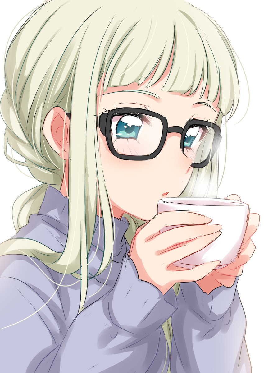 1girl absurdres aikatsu! aikatsu!_(series) bangs black-framed_eyewear blue_eyes blue_sweater blunt_bangs blush commentary_request cup glasses highres holding holding_cup long_sleeves parted_lips sekina silver_hair simple_background solo steam sweater toudou_yurika upper_body white_background