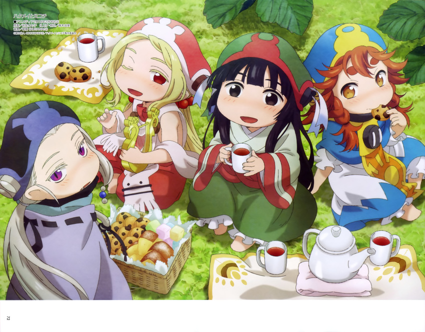 :d ;d absurdres bangs barefoot basket black_eyes black_hair black_hat blonde_hair blue_hat blush brown_eyes brown_hair chocolate_chip_cookie cookie cup day dress fang fingernails food grass green_hat green_skirt hakumei_(hakumei_to_mikochi) hakumei_to_mikochi harp hat highres holding holding_cookie holding_cup holding_food holding_instrument instrument iwasa_tomoko japanese_clothes kimono konju_(hakumei_to_mikochi) long_hair long_sleeves looking_at_viewer low_ponytail megami_deluxe mikochi_(hakumei_to_mikochi) mug multiple_girls official_art on_grass one_eye_closed open_mouth outdoors parted_lips pink_hat ponytail puffy_short_sleeves puffy_sleeves purple_eyes red_eyes sen_(hakumei_to_mikochi) short_kimono short_sleeves silver_hair sitting skirt smile teapot thick_eyebrows very_long_hair white_dress white_kimono wide_sleeves