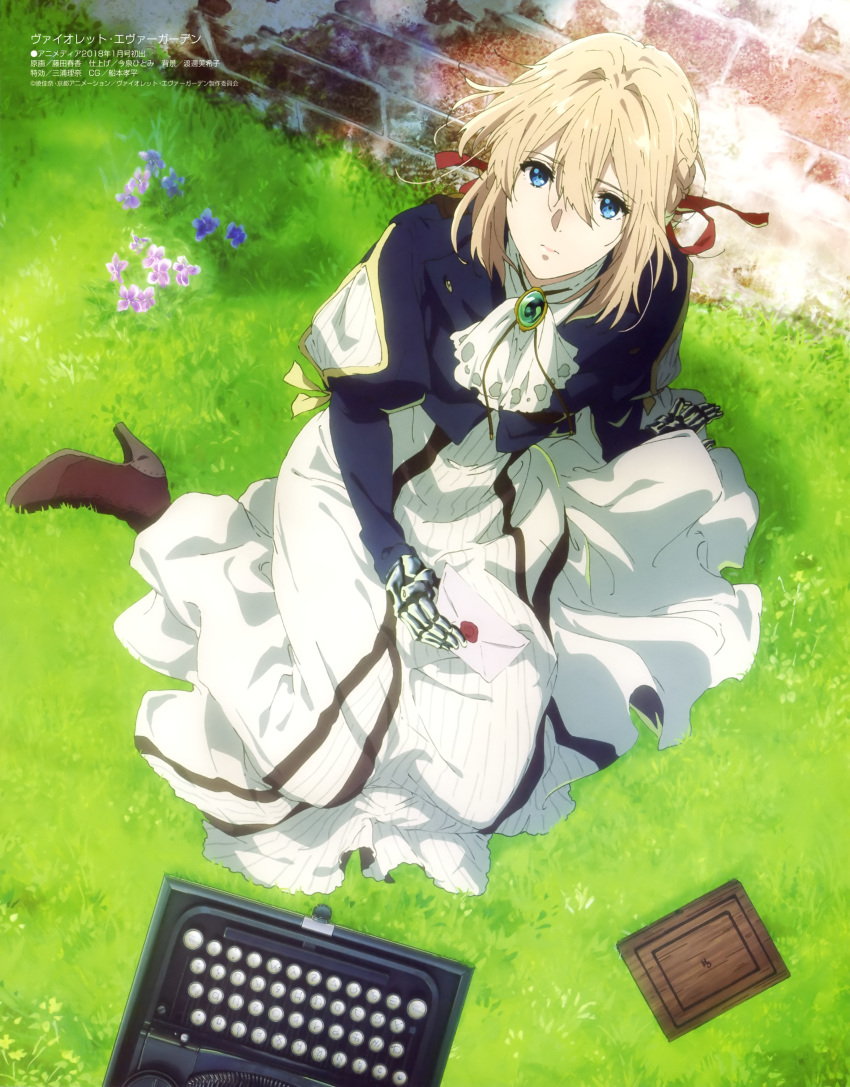 absurdres blonde_hair blue_eyes blue_jacket boots brooch brown_footwear cravat day dress eyebrows_visible_through_hair flower fujita_haruka grass green_brooch hair_ribbon highres holding_letter jacket jewelry juliet_sleeves long_sleeves looking_at_viewer mechanical_arm megami_deluxe official_art outdoors pink_lips puffy_sleeves purple_flower red_ribbon ribbon sitting solo striped typewriter vertical-striped_dress vertical_stripes violet_(flower) violet_evergarden violet_evergarden_(character) wall white_dress white_neckwear yokozuwari