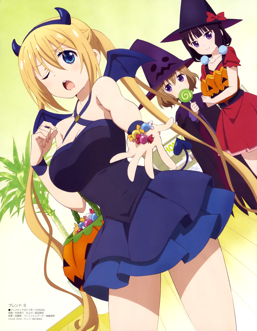 absurdres bangs bare_legs basket black_cape black_hair black_hat black_shirt blend_s blonde_hair blue_eyes blue_skirt blue_wristband blunt_bangs blush bow breasts candy cape cleavage criss-cross_halter demon_horns demon_tail demon_wings dress fake_horns fake_tail fake_wings food gradient gradient_background halloween halloween_basket halloween_costume halterneck hat hat_bow highres hinata_kaho holding holding_basket holding_lollipop horns hoshikawa_mafuyu indoors jack-o'-lantern kimiya_ryousuke large_breasts layered_dress layered_skirt light_brown_hair lollipop long_hair looking_at_viewer megami_deluxe multiple_girls official_art one_eye_closed open_mouth outstretched_hand plant potted_plant print_hat puffy_short_sleeves puffy_sleeves purple_eyes purple_hat red_bow red_dress sakuranomiya_maika shirt short_dress short_sleeves skindentation skirt smile standing tail teeth twintails wings witch_hat wristband