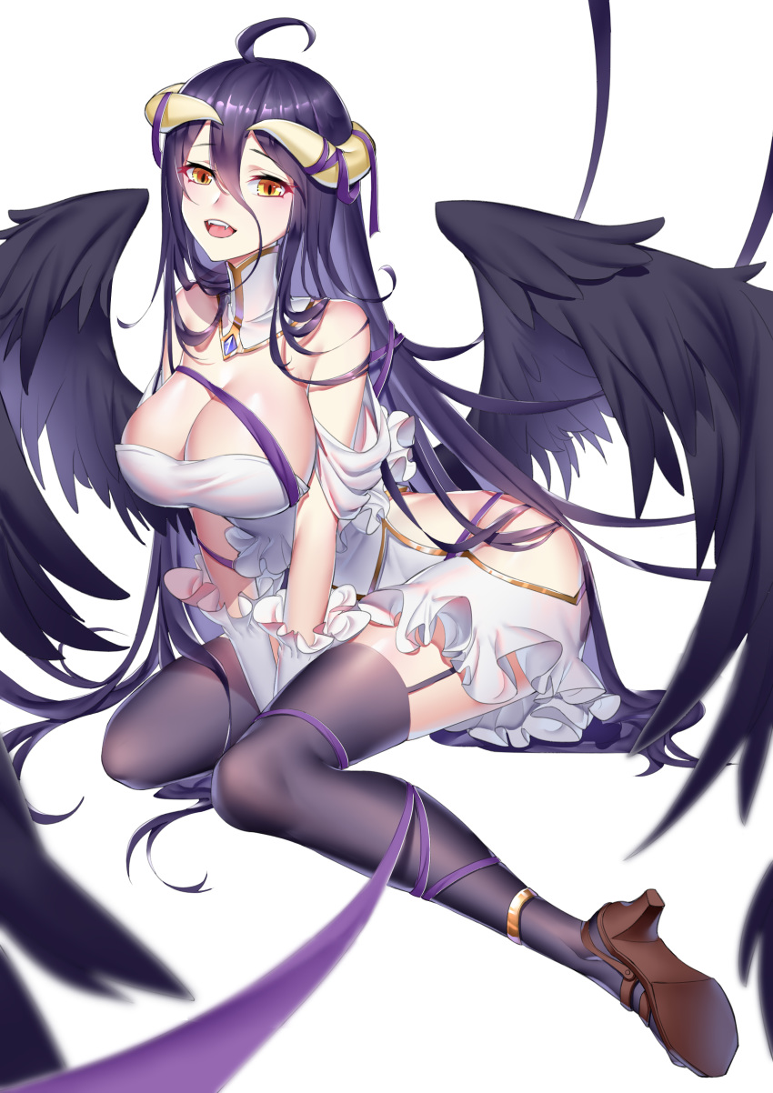 absurdres albedo anklet bare_shoulders between_legs black_hair black_wings boku_koyuki_mx breasts cleavage demon_girl demon_horns demon_wings detached_collar dress fangs feathered_wings feathers frilled_dress frilled_gloves frills garter_straps gloves hair_between_eyes hand_between_legs high_heels highres horns jewelry large_breasts long_hair looking_at_viewer low_wings open_mouth overlord_(maruyama) sitting skirt slit_pupils solo strapless strapless_dress thighhighs tongue white_gloves wings yellow_eyes