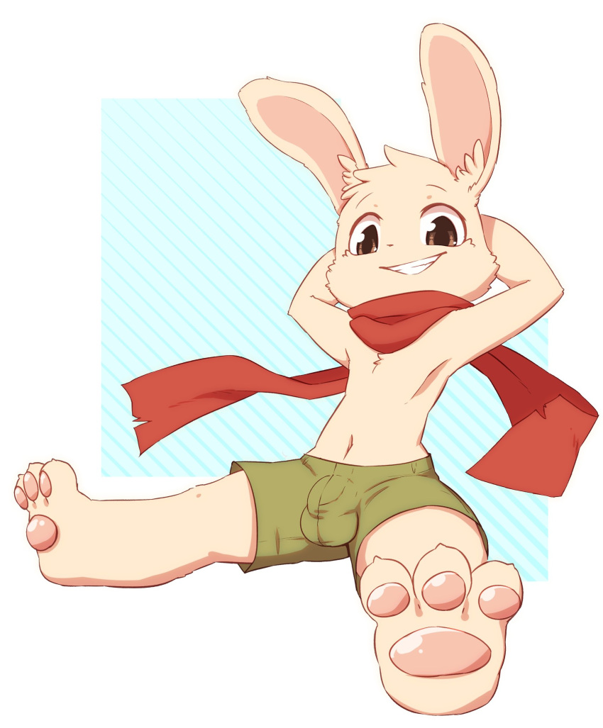 2018 anthro biped bulge clothed clothing cub cute digital_media_(artwork) front_view fur green_clothing grin hands_behind_head lagomorph looking_at_viewer male mammal nobusuke partially_clothed pawpads paws rabbit red_scarf scarf shorts simple_background sitting smile solo teeth toes white_background white_fur young