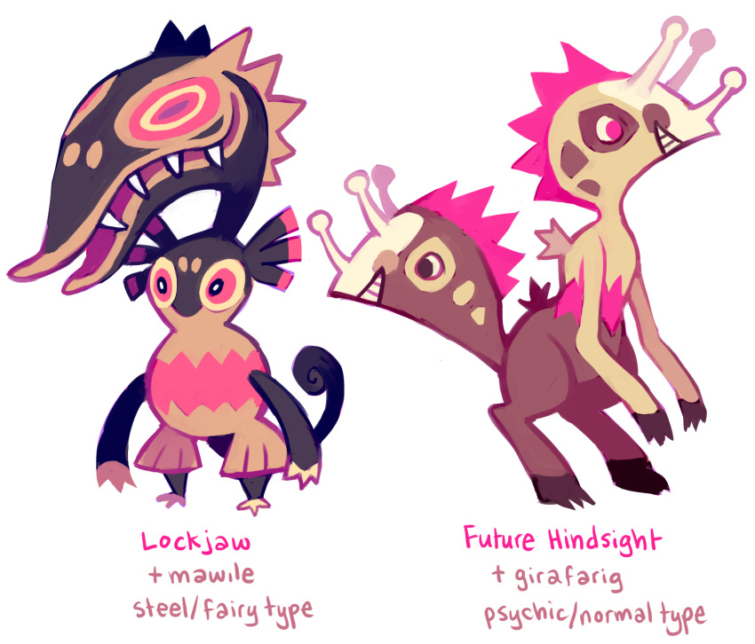 commentary creature english full_body fusion gen_2_pokemon gen_3_pokemon girafarig glitchedpuppet grin highres mawile multiple_heads no_humans pink_eyes pokemon pokemon_(creature) sharp_teeth simple_background smile standing teeth white_background