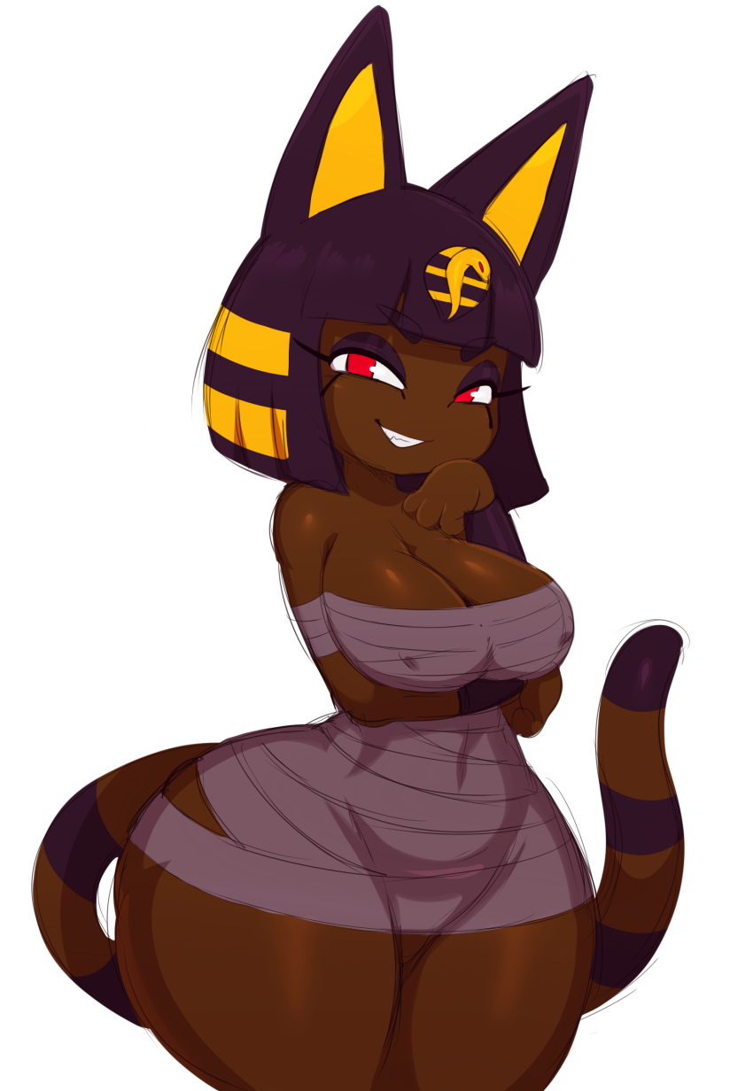 2018 absurd_res animal_crossing ankha anthro bangs big_breasts big_butt breasts butt cat cleavage clothed clothing dark_skin digital_media_(artwork) egyptian eyeshadow featureless_crotch feline female grin hair hi_res huge_hips looking_at_viewer makeup mammal nintendo nipple_bulge noseless red_eyes short_hair simple_background smile solo sssonic2 teeth thick_thighs video_games voluptuous white_background wide_hips wraps
