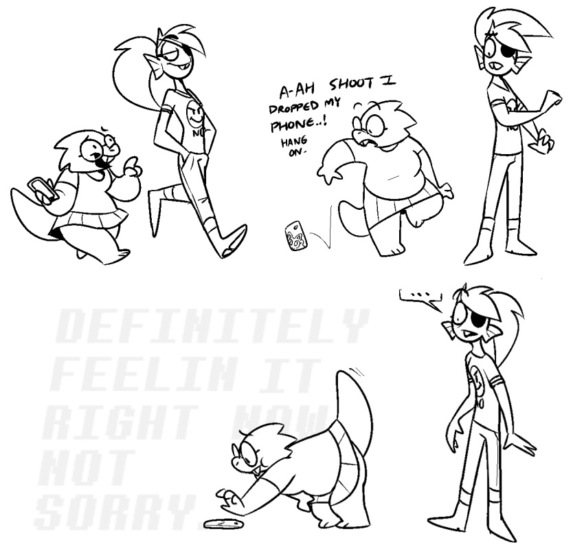 ... alphys anthro bent_over black_and_white clothed clothing dialogue duo eye_patch eyewear female fish glasses hi_res marine monochrome phone pixylbyte scalie slightly_chubby speech_bubble text undertale undyne video_games