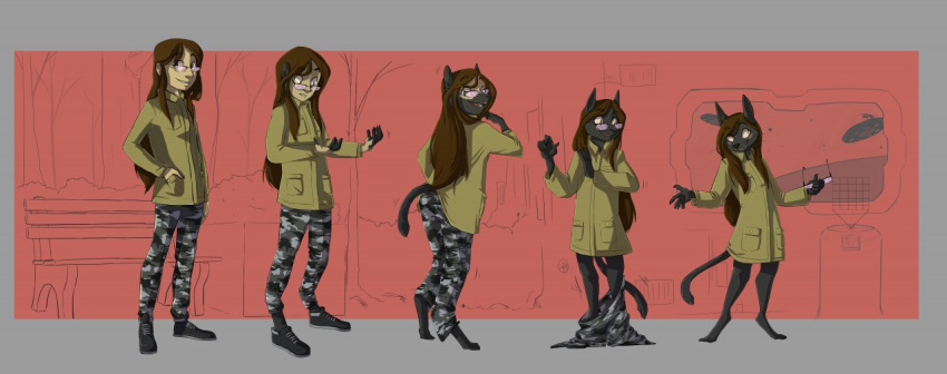 2017 anthro blush brown_hair cat clothing eyewear fauvfox feline female footwear glasses hair happy human human_to_anthro jacket long_hair mammal open_mouth pants sequence shoes smile solo standing surprise tail_growth transformation