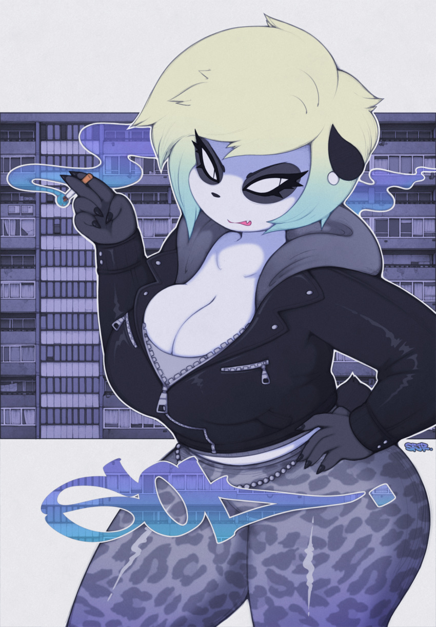 2018 alternate_version_at_source angry bear big_breasts big_butt blonde_hair breasts butt chav cigarette city claws cleavage clothed clothing detailed_background digital_media_(artwork) ear_piercing fangs female hair jacket leather leather_jacket leopard_print mammal panda piercing short_hair smoking smutbunny sol_paws solo thick_thighs urban voluptuous wide_hips