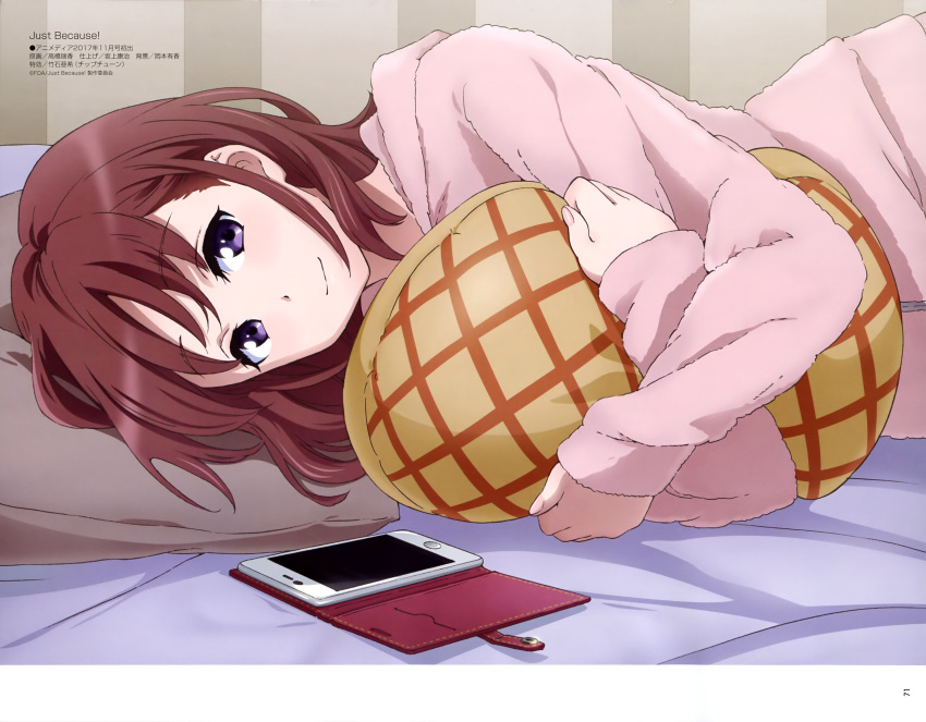 absurdres bed_sheet blush body_blush brown_hair cellphone grey_pillow head_on_pillow highres hood hoodie indoors just_because! looking_at_viewer lying megami_deluxe nail_polish natsume_mio object_hug official_art on_bed on_side page_number pajamas pants phone pillow pink_nails pink_pants pink_shirt purple_eyes shirt smartphone smartphone_case smile solo takahashi_mizuka