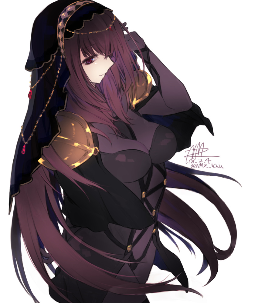 bodysuit breasts fate/grand_order fate_(series) highres large_breasts leotard long_hair looking_at_viewer nmz_(namazu) pauldrons purple_bodysuit purple_hair purple_leotard red_eyes scathach_(fate)_(all) scathach_(fate/grand_order) shoulder_armor veil white_background