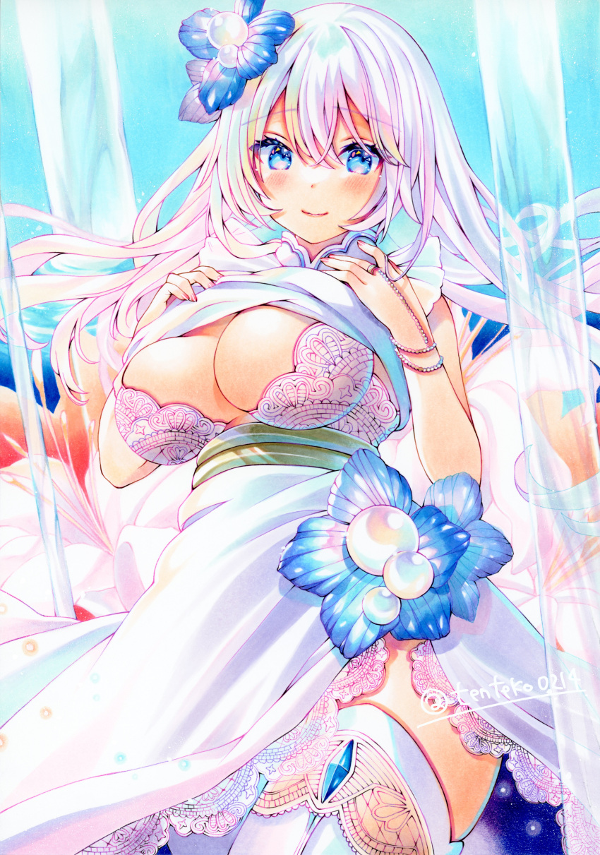 1girl absurdres blue_background blue_eyes blue_flower blush bra breasts cleavage closed_mouth commentary_request cowboy_shot dot_nose dress_flower fantasy flower gem hair_flower hair_ornament highres jewelry large_breasts lily_(flower) long_hair looking_at_viewer marker_(medium) original ring shiny_skin signature skirt smile solo standing tentekomai thighhighs traditional_media underwear water white_hair white_skirt white_thighhighs