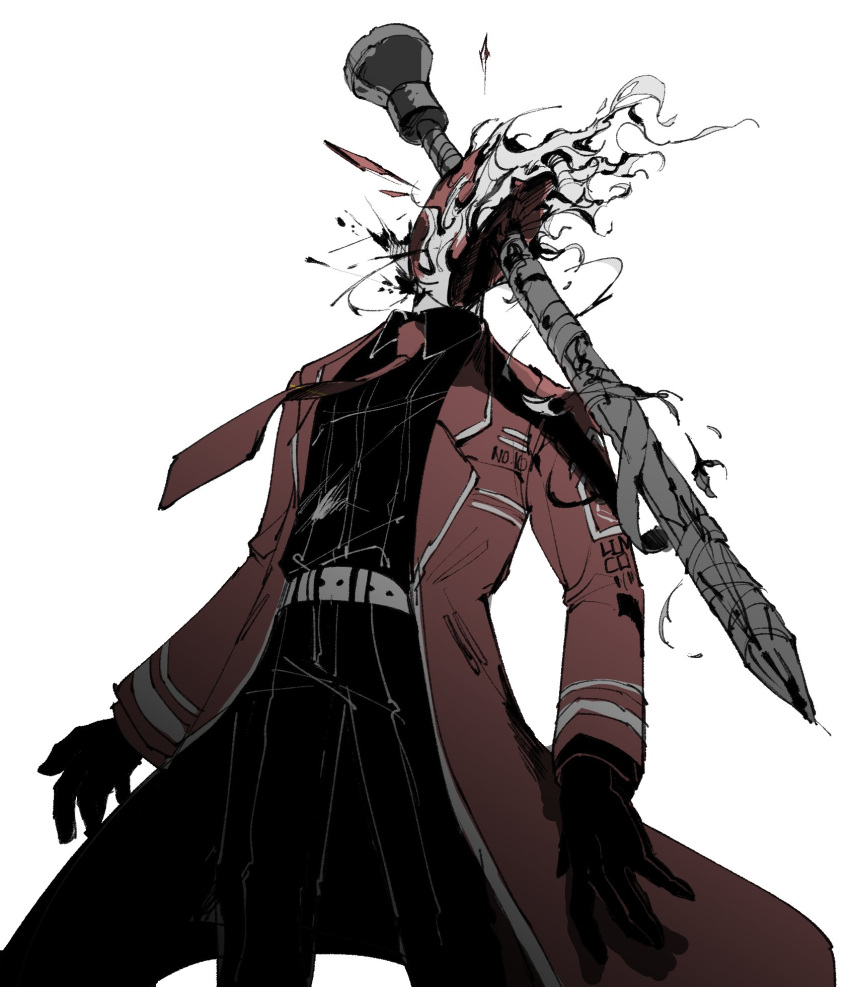 1other belt black_blood black_shirt blood clock coat collared_shirt cowboy_shot dante_(limbus_company) highres limbus_company limited_palette long_sleeves maskv murder nail necktie object_head project_moon red_coat red_necktie shirt simple_background white_background wing_collar