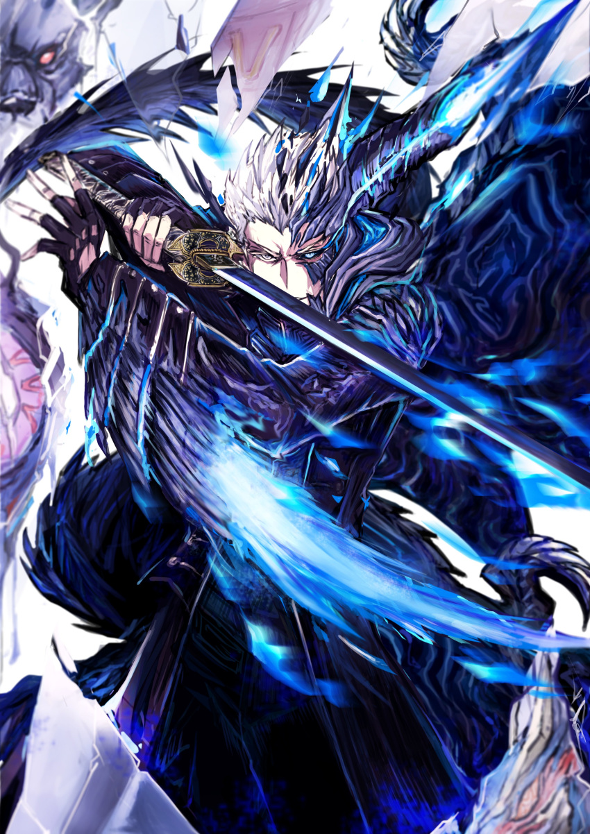 1boy absurdres arm_blade black_coat black_sclera blue_eyes broken_glass coat colored_sclera demon_boy demon_wings devil_may_cry_(series) devil_may_cry_5 devil_trigger fighting_stance fingerless_gloves glass gloves griffon_(devil_may_cry_5) highres horns long_long_guaiwu_yuan looking_at_viewer nightmare_(devil_may_cry) shadow_(devil_may_cry_5) sin_devil_trigger smile solo sword transformation vergil_(devil_may_cry) weapon white_hair wings yamato_(sword)