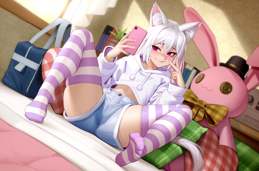 1girl absurdres blush breasts cellphone commission feet highres kairunoburogu legs original phone shorts sitting smile solo thighs toes white_hair