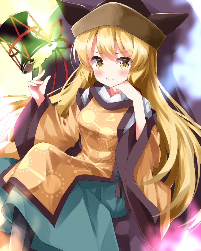 1girl black_footwear black_headwear blonde_hair blush boots breasts brown_headwear cape closed_mouth commentary_request constellation_print crossed_legs detached_sleeves drum green_skirt hair_between_eyes hands_up hat highres instrument long_hair long_sleeves looking_to_the_side matara_okina medium_breasts multicolored_clothes multicolored_headwear orange_cape orange_tabard red_ribbon ribbon ruu_(tksymkw) shirt sidelocks sitting skirt smile solo tabard throne touhou tsuzumi v-shaped_eyebrows white_shirt wide_sleeves yellow_eyes