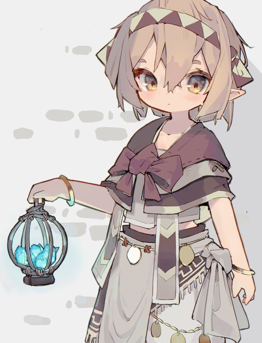 1girl absurdres arm_at_side bow bracelet brown_bow brown_capelet brown_hair capelet closed_mouth cowboy_shot crystal dot_nose hand_up highres holding holding_lantern jewelry lantern light_brown_hair medium_hair midriff_peek nep_(nep_76) original pointy_ears skirt skirt_set solo