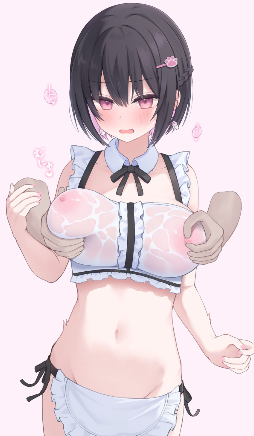 1girl apron black_bow black_bowtie black_hair blush bow bowtie braid breast_lift breasts center_frills colored_inner_hair detached_collar disembodied_limb french_braid frilled_apron frilled_shirt frills grabbing grabbing_another's_breast highres honyuuruinomoto large_breasts maid midriff multicolored_hair navel nipples original panties paw_hair_ornament pink_eyes pink_hair see-through shirt short_hair side-tie_panties simple_background stomach underwear waist_apron wet wet_clothes white_background