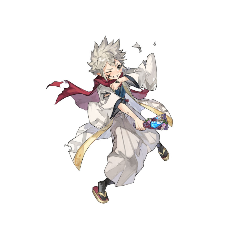 1boy damaged dragonstone facepaint fire_emblem fire_emblem_fates fire_emblem_heroes grey_eyes hagoita japanese_clothes kana_(fire_emblem) kana_(male)_(fire_emblem) kana_(male)_(rising_dragon)_(fire_emblem) kimono official_alternate_costume official_art paddle scarf solo spiked_hair torn_clothes white_hair