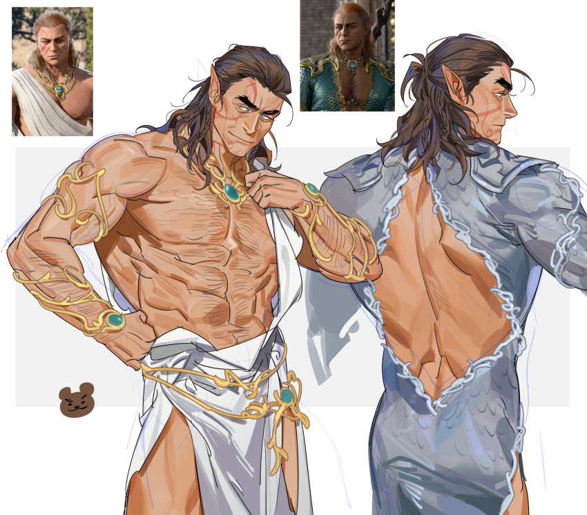 1boy abs absurdres alternate_costume arm_hair back backless_dress backless_outfit baldur's_gate baldur's_gate_3 bara bare_back bare_pectorals blue_dress border braid brown_eyes brown_hair chest_hair chiton dark_skin dress dungeons_and_dragons elf facial_tattoo gold_bracelet gold_necklace greensalad350 grey_border hairy half_updo halsin hand_on_own_hip highres jewelry large_pectorals looking_at_viewer looking_to_the_side male_focus mature_male medium_hair multiple_braids multiple_views muscular muscular_male necklace nipples open_clothes open_shirt pectorals pendant pointy_ears scar scar_on_face side_braids simple_background smile sparse_arm_hair sparse_chest_hair tattoo thick_arms thick_eyebrows white_background