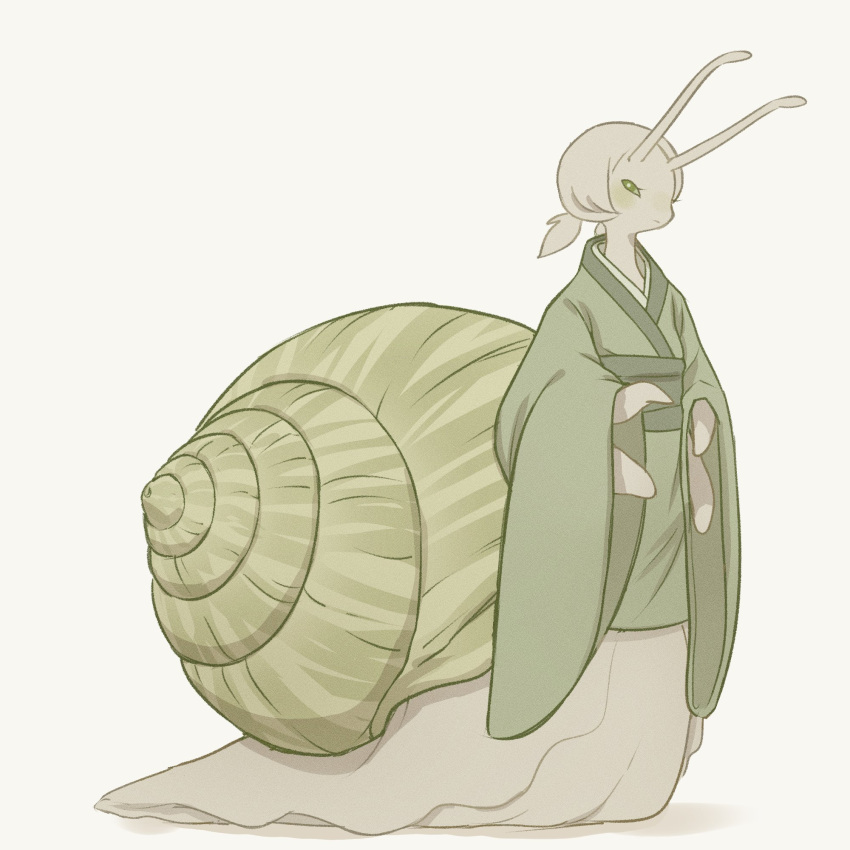 1girl antennae commentary english_commentary full_body green_kimono highres japanese_clothes kimono monster_girl multiple_hands original right-over-left_kimono short_hair short_ponytail simple_background snail snail_girl snail_shell solo tateoftot white_background