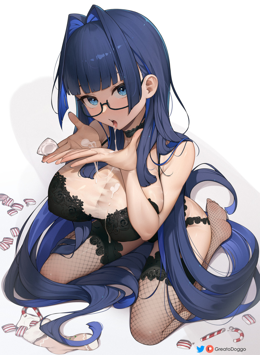 1girl blue_eyes blue_hair bra breasts candy feet food glasses greatodoggo hair_intakes highres hololive hololive_english large_breasts long_hair looking_at_viewer multicolored_hair ouro_kronii solo suggestive_fluid thighs underwear virtual_youtuber