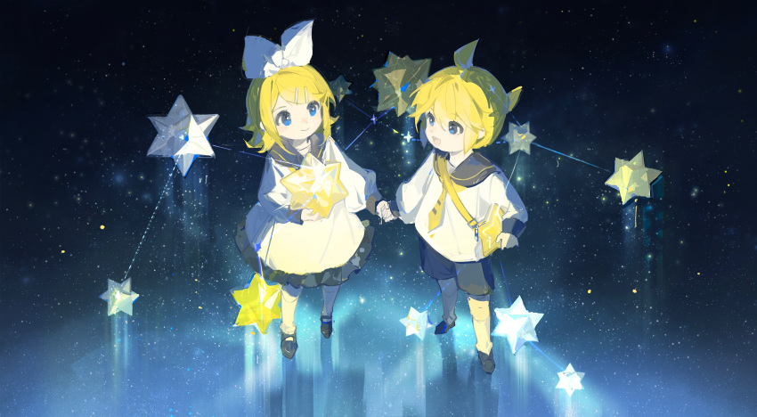 1boy 1girl :d absurdres aged_down ahoge aurora black_footwear black_sailor_collar black_shorts black_skirt blonde_hair blue_eyes bow brother_and_sister candy child closed_mouth commentary constellation dress eye_contact food gemini_(constellation) gemini_(vocaloid) hair_bow highres holding_hands irple kagamine_len kagamine_rin konpeitou looking_at_another mary_janes open_mouth sailor_collar sailor_dress shirt shoes short_hair shorts siblings skirt smile socks star_(symbol) starry_background stellated_octahedron vocaloid white_dress white_shirt white_socks