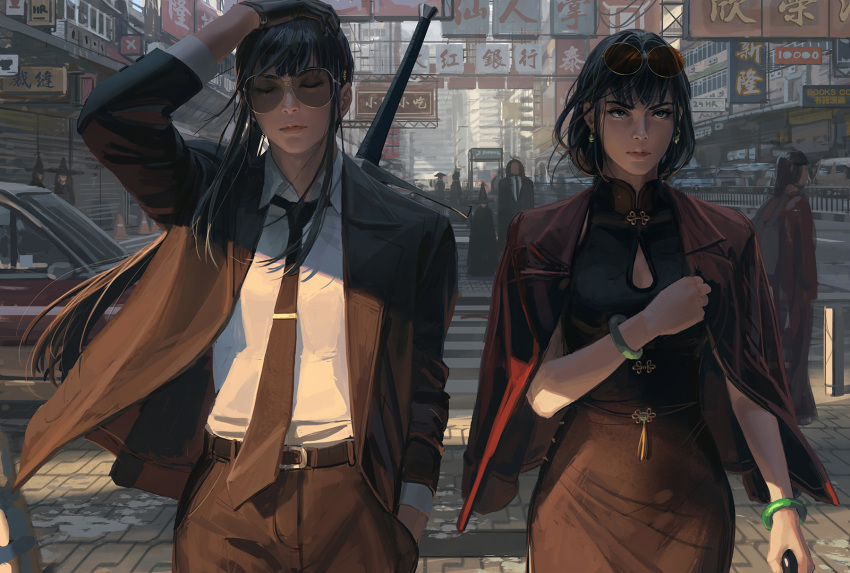 2023 2girls black_dress black_gloves black_hair black_jacket black_necktie broadsword chinese_text crosswalk dress gloves green_bracelet guweiz highres jacket multiple_girls necktie original outdoors road street sunglasses sword sword_behind_back walking weapon