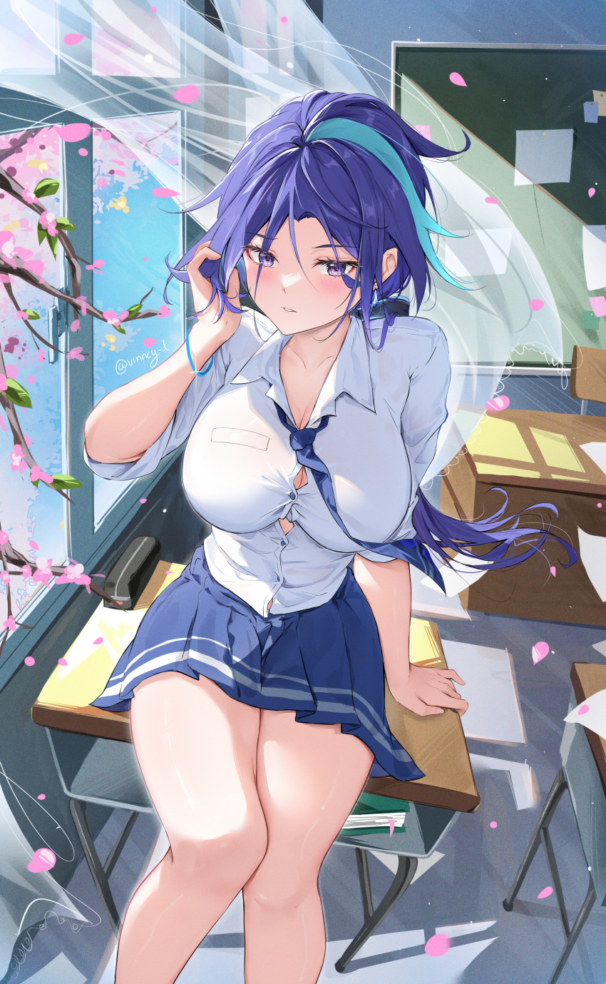 1girl absurdres adjusting_hair alternate_costume blue_hair blue_necktie blue_skirt breasts button_gap chair classroom cleavage clorinde_(genshin_impact) collared_shirt commentary contemporary curtains dark_blue_hair desk falling_petals floating_hair genshin_impact hair_between_eyes highres indoors large_breasts long_hair looking_at_viewer multicolored_hair necktie on_desk open_window paid_reward_available parted_lips petals purple_eyes school_chair school_desk school_uniform shirt sitting sitting_on_desk skirt solo streaked_hair twitter_username vincent_leo white_background wind window
