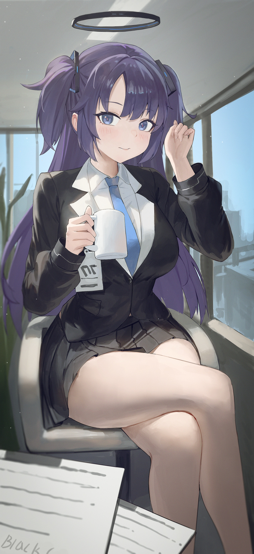 1girl absurdres black_c black_skirt blue_archive blue_necktie blush breasts chair closed_mouth collared_shirt crossed_legs cup feet_out_of_frame halo highres holding holding_cup indoors large_breasts long_hair looking_at_viewer mechanical_halo necktie paper purple_eyes purple_hair shirt sitting skirt smile solo suit two_side_up white_shirt yuuka_(blue_archive)