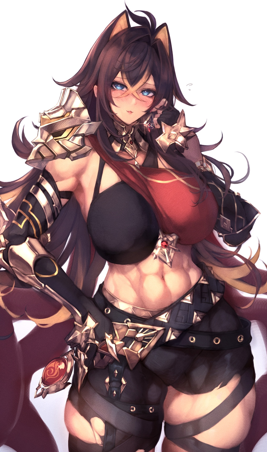 1girl :3 abs absurdres alna_(mu5fal) arm_armor asymmetrical_clothes belt between_breasts black_belt black_gloves black_hair black_pants blonde_hair blue_eyes blush breasts claw_ring criss-cross_halter crossed_bangs crossed_belts dangle_earrings dark-skinned_female dark_skin dehya_(genshin_impact) earrings elbow_gloves finger_to_own_chin fingerless_gloves flying_sweatdrops genshin_impact gloves gold_choker hair_between_eyes hair_ears hair_intakes halterneck hand_on_own_hip highres jewelry large_breasts long_hair looking_at_viewer multicolored_hair multiple_thigh_straps muscular muscular_female nail_polish navel pants parted_lips red_nails single_earring single_fingerless_glove single_pantsleg skindentation smile solo spiked_knuckles streaked_hair thick_thighs thigh_strap thighs torn_clothes torn_pants two-tone_hair very_long_hair vision_(genshin_impact) yellow_pupils