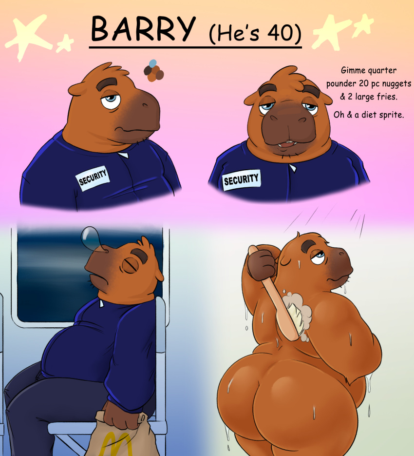 anthro barry_(nood1e) bathing big_butt butt capybara caviid chubby_anthro chubby_male english_text hi_res male male/male mammal mcdonald's nood1e nude obese obese_anthro obese_male old overweight overweight_anthro overweight_male rodent security security_guard showering sleeping slightly_chubby solo tailless text tired_eyes wet