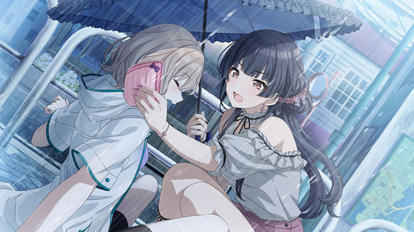 2girls bare_shoulders bike_shorts black_hair black_ribbon blue_umbrella blunt_bangs bracelet breasts brown_eyes choker closed_eyes collarbone earrings facing_another frilled_choker frilled_shirt frilled_umbrella frills grey_hair hair_over_shoulder handkerchief heart heart_earrings highres holding holding_handkerchief holding_umbrella hood hoodie house idolmaster idolmaster_shiny_colors idolmaster_shiny_colors_song_for_prism jewelry long_hair looking_at_another mayuzumi_fuyuko multiple_girls official_alternate_costume official_alternate_hairstyle official_art open_mouth outdoors pink_nails rain ribbon scrunchie serizawa_asahi shirt short_hair short_sleeves sitting skirt squatting umbrella wet wet_clothes wet_hair