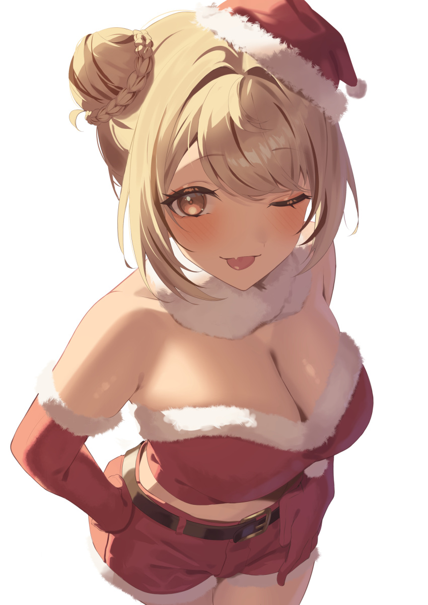 1girl ;p belt blonde_hair braid braided_bun breasts brown_belt cleavage cowboy_shot crop_top dark-skinned_female dark_skin double_bun elbow_gloves fang from_above fur-trimmed_gloves fur-trimmed_headwear fur-trimmed_shorts fur_scarf fur_trim gloves gyaru hair_bun hair_intakes hand_on_own_hip hat highres kaminari_qpi komito_(komito5310) large_breasts looking_at_viewer midriff one_eye_closed orange_eyes red_bustier red_gloves red_shirt red_shorts santa_costume santa_hat shirt short_shorts shorts simple_background skin_fang solo strapless swept_bangs tilted_headwear tongue tongue_out tube_top virtual_youtuber vspo! white_background