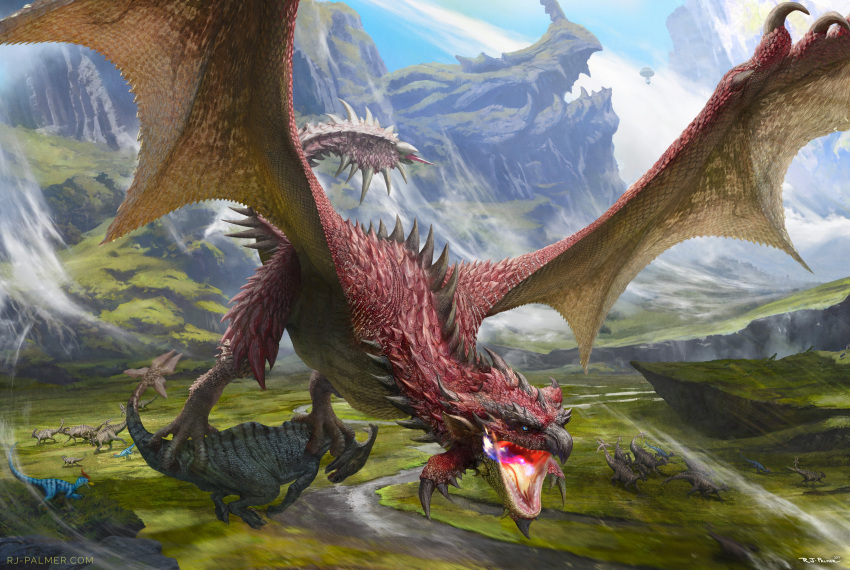 absurdres aircraft animal aptonoth artist_name arvalis blue_eyes blue_scales claws cloud dinosaur dragon dragon_skull fire flying forked_tongue glowing_mouth grass highres holding holding_animal hot_air_balloon monster monster_hunter_(series) mountain no_humans open_mouth rathalos red_scales running sharp_teeth slit_pupils spiked_tail spikes spread_wings stream tail talons teeth tongue valley velocidrome velociprey water wind wyvern