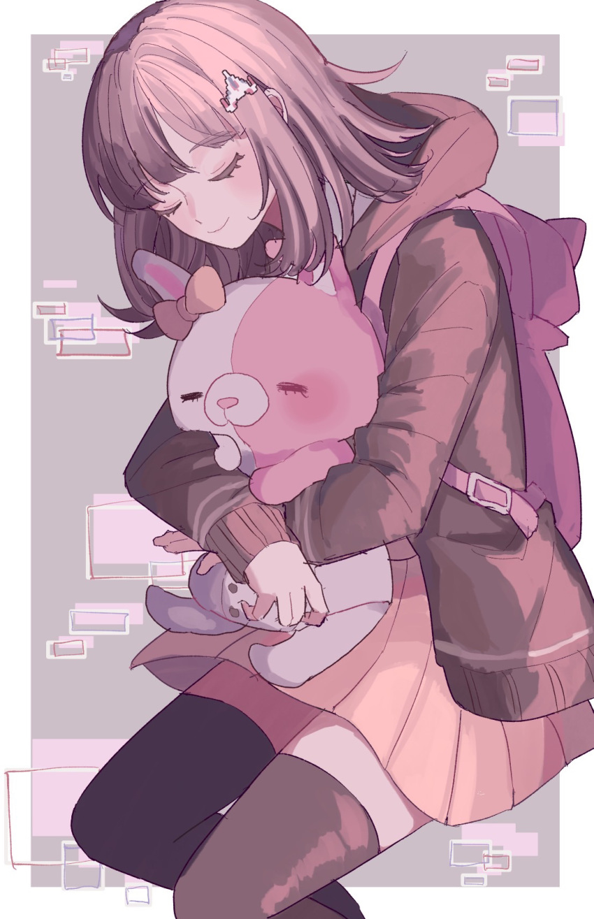 1girl animal_bag backpack bag bow brown_jacket brown_skirt cat_bag closed_eyes closed_mouth danganronpa_(series) danganronpa_2:_goodbye_despair diaper ear_bow galaga highres hood hood_down hugging_doll hugging_object ibushi_(kuyuru_29) jacket monomi_(danganronpa) nanami_chiaki pink_bag skirt smile thighhighs zettai_ryouiki