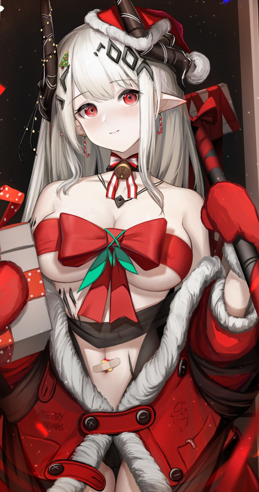 1girl absurdres arknights bandaid_on_navel bare_shoulders blush bow breasts candy candy_cane choker christmas cleavage closed_mouth collarbone cowboy_shot earrings food gift gloves hair_ornament hammer hat highres horns jewelry large_breasts long_hair looking_at_viewer mudrock_(arknights) nopetroto oripathy_lesion_(arknights) pale_skin pointy_ears red_bow red_eyes red_gloves red_ribbon ribbon ribbon_bra ribbon_choker santa_hat sidelocks smile solo variant_set white_hair