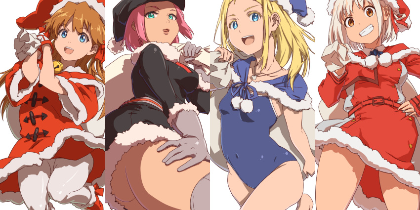 4girls aonori_misuji ass belt black_headwear blonde_hair blue_eyes blue_one-piece_swimsuit breasts brown_hair christmas commentary_request dress gloves green_eyes hair_ribbon hat highres holding holding_sack kofune_ushio long_hair looking_at_viewer lycoris_recoil multiple_girls neon_genesis_evangelion nishikigi_chisato one-piece_swimsuit open_mouth partial_commentary pink_hair pokemon pokemon_go red_dress red_ribbon ribbon sack school_swimsuit short_hair simple_background skirt smile souryuu_asuka_langley summertime_render swimsuit team_rocket team_rocket_grunt team_rocket_uniform thighhighs white_background