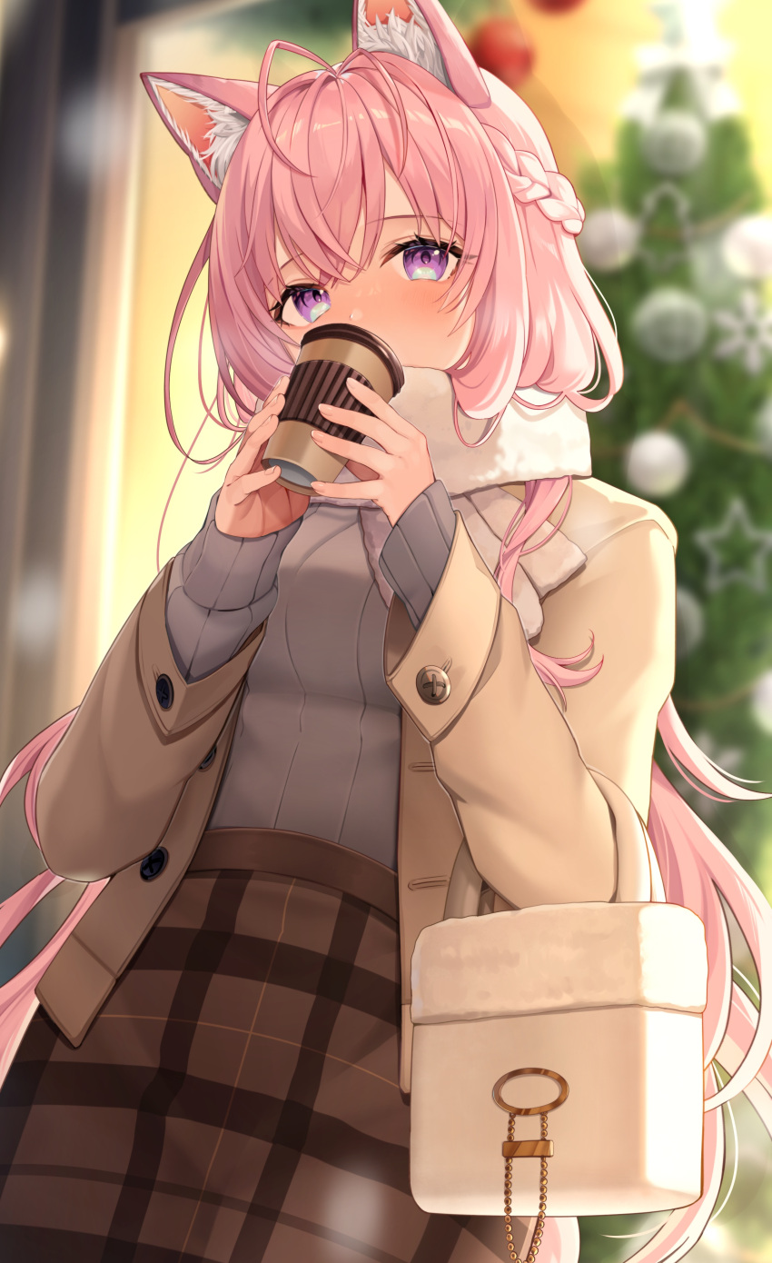 1girl absurdres alternate_costume animal_ear_fluff animal_ears antenna_hair backlighting bag blurry blurry_background blush braid brown_coat brown_shirt christmas christmas_tree coat coffee_cup commentary cowboy_shot crossed_bangs cup disposable_cup enpera eyelashes fingernails french_braid hair_between_eyes hakui_koyori handbag hands_up highres holding holding_bag holding_cup hololive long_hair long_sleeves looking_at_viewer open_clothes open_coat outdoors pink_hair plaid plaid_skirt purple_eyes ribbed_sweater scarf shirt skirt sleeves_past_wrists snowing solo standing sweater usushio very_long_hair virtual_youtuber white_scarf white_sweater winter winter_clothes wolf_ears wolf_girl