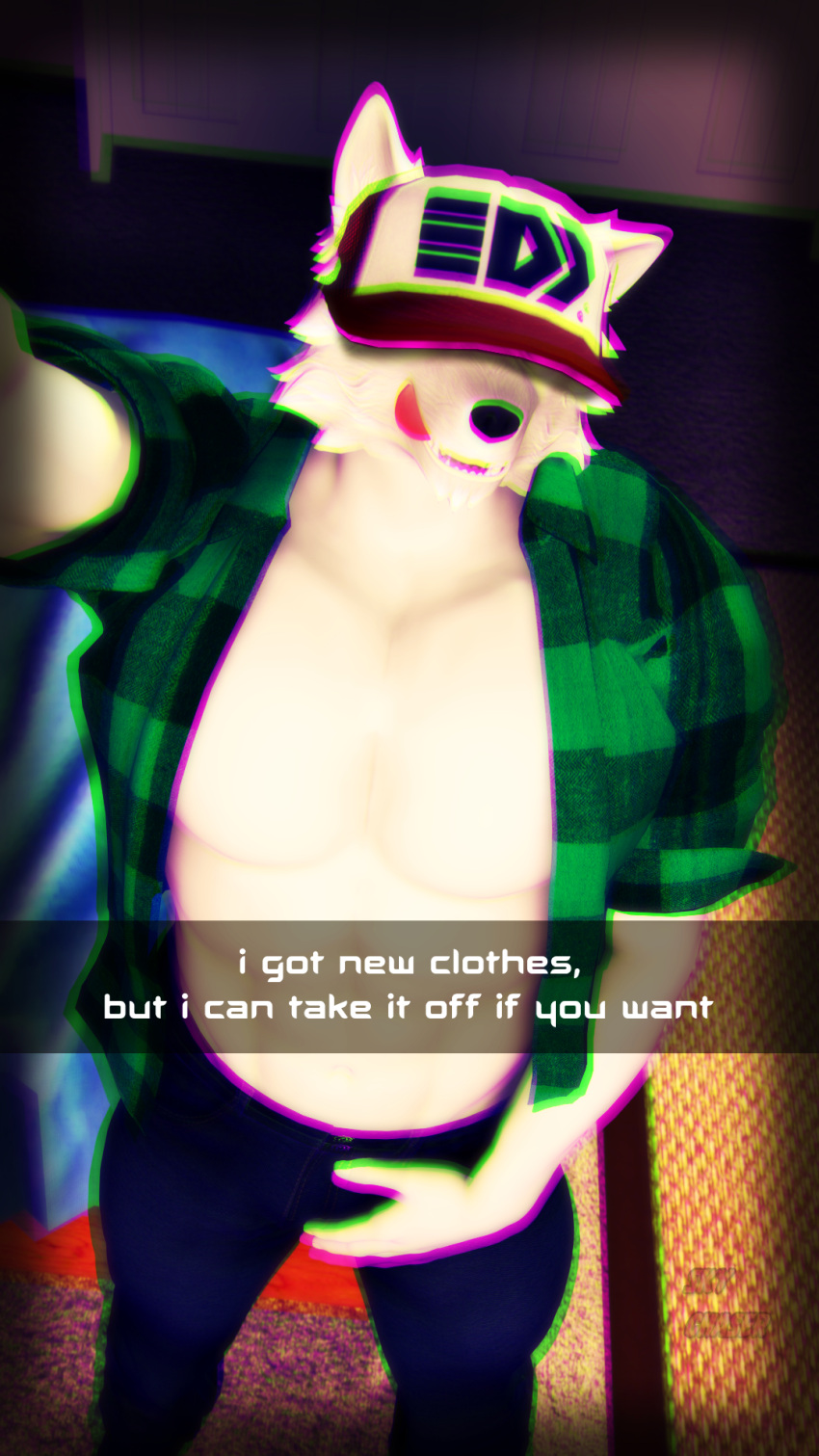 3d_(artwork) 9:16 anthro artic_breeze_(sky_chaser) canid canine canis chromatic_aberration clothed clothing digital_media_(artwork) english_text hand_on_crotch hat headgear headwear hi_res hidden_eyes male mammal muscular muscular_male open_clothing open_shirt open_topwear panties shirt sky_chaser smile solo solo_focus source_filmmaker text text_box tongue tongue_out topwear underwear vhs_filter wolf