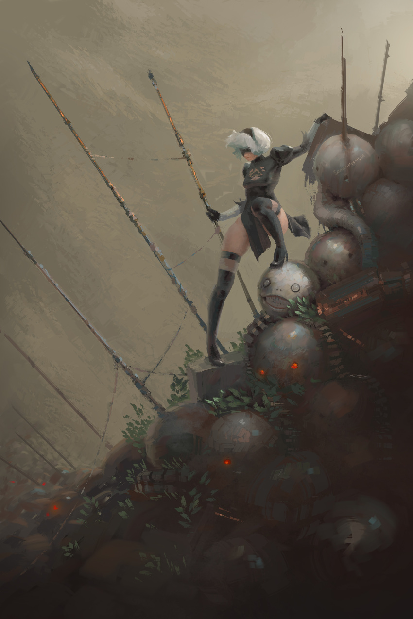 1girl 2b_(nier:automata) absurdres arm_support artist_name black_blindfold black_dress black_hairband blindfold boots breasts covered_eyes dress feather-trimmed_sleeves fog glowing glowing_eyes grin hairband high_heel_boots high_heels highres impaled juliet_sleeves long_sleeves looking_afar machine_(nier) medium_breasts medium_hair nier:automata nier_(series) pile pile_of_corpses plant puffy_sleeves red_eyes robot smile solo_focus spoonfishlee standing thigh_boots thighhighs thighs white_hair wide_shot