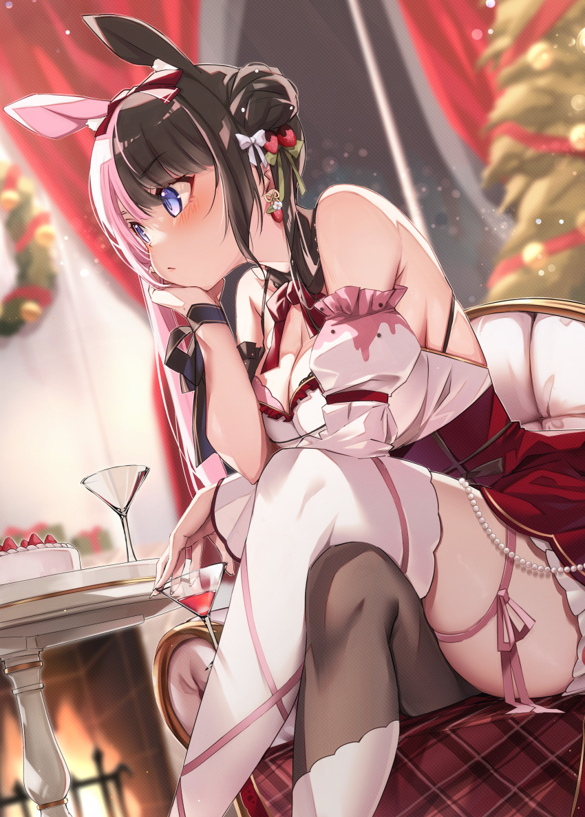 1girl absurdres black_hair black_pantyhose blue_eyes blurry blurry_background blush breasts cake chair christmas_ornaments christmas_tree cleavage commentary crossed_arms crossed_legs cup curtains detached_sleeves drinking_glass earrings feet_out_of_frame fire fireplace food food-themed_earrings frown gift highres holding holding_cup indoors jewelry large_breasts looking_to_the_side multicolored_hair pantyhose pink_hair pink_ribbon red_skirt ribbon ruo19 shirt sideboob single_detached_sleeve single_leg_pantyhose single_thighhigh sitting skirt solo split-color_hair strawberry_earrings table tachibana_hinano_(vtuber) thighhighs thighs two-tone_hair virtual_youtuber vspo! white_shirt white_sleeves white_thighhighs wine_glass wreath