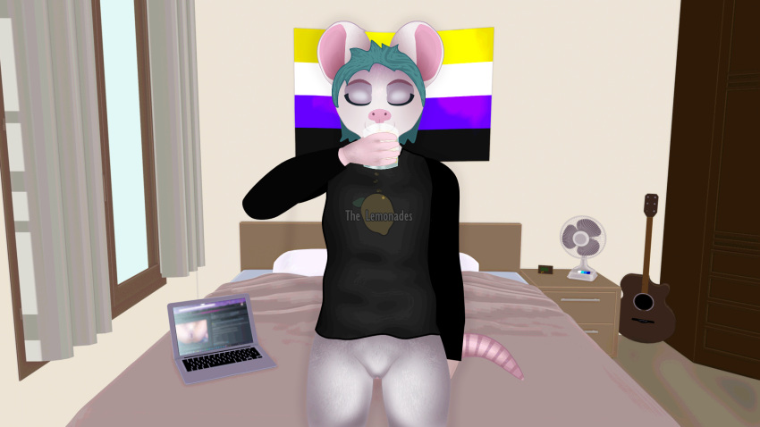 16:9 andromorph anthro bed bedroom beverage bottomless clothed clothing container cup digital_media_(artwork) drinking drinking_glass eyes_closed furniture genitals glass glass_container glass_cup half_naked hi_res holding_glass holding_object implied_drinking_urine implied_watersports intersex lgbt_pride looking_at_viewer mammal mouse murid murine mynka no_underwear nonbinary_(lore) nonbinary_pride_colors pantsless pride_color_flag pride_colors pussy rodent shirt solo tail topwear widescreen