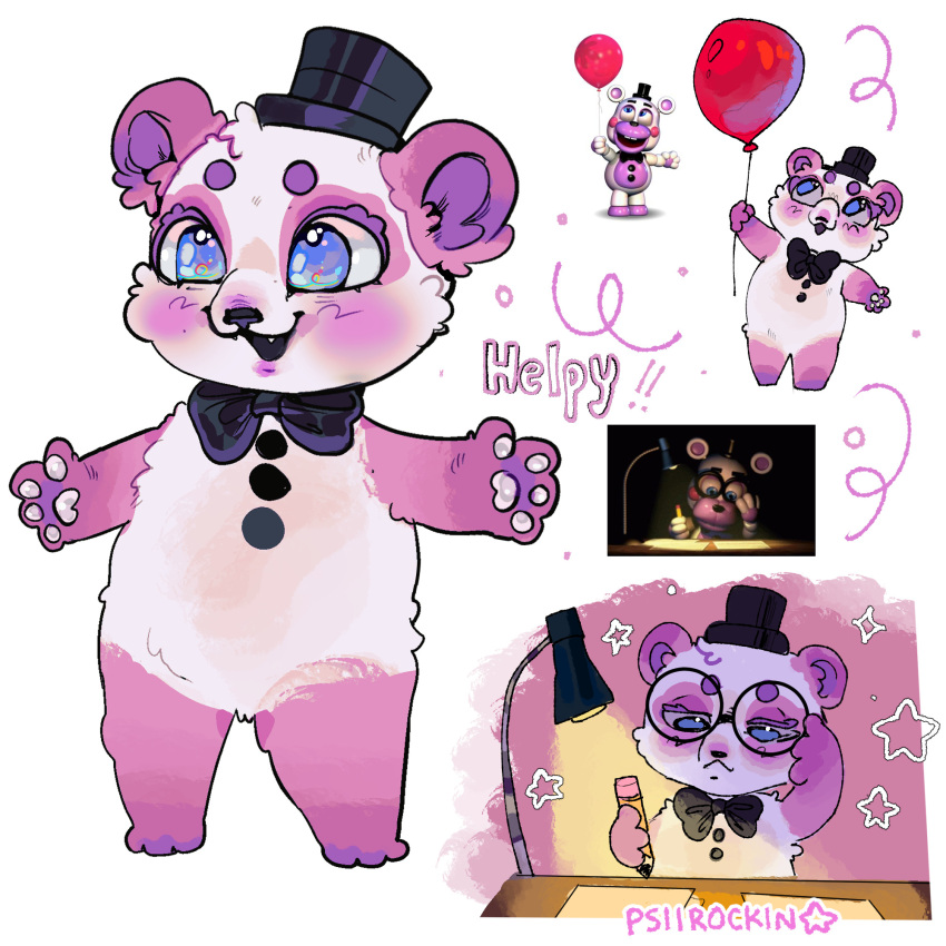 1:1 alternate_form ambiguous_gender anthro balloon bear bow_tie clothing eyewear five_nights_at_freddy's fur glasses gloves_(marking) handpaw hat headgear headwear helpy_(fnaf) hi_res hindpaw inflatable leg_markings mammal markings pawpads paws pizzeria_simulator psiirockin reference_image scottgames screencap socks_(marking) solo top_hat white_body white_fur