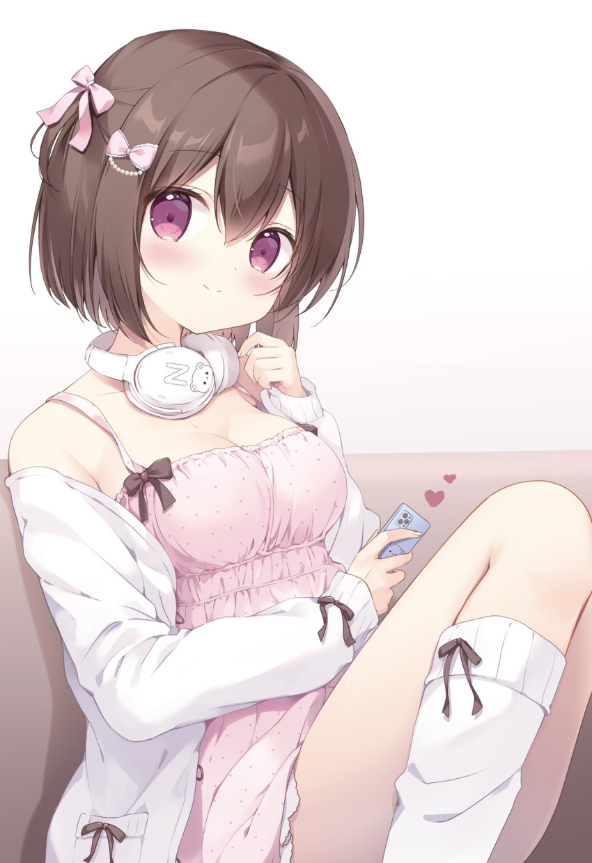 1girl blush bow breasts brown_hair cellphone cleavage closed_mouth commentary_request dress feet_out_of_frame gradient_background grey_background hair_between_eyes hair_bow hand_up headphones headphones_around_neck heart highres holding holding_phone jacket knees_up long_sleeves looking_at_viewer loose_socks medium_breasts miyasaka_naco off_shoulder open_clothes open_jacket original phone pink_bow pink_dress polka_dot polka_dot_dress puffy_long_sleeves puffy_sleeves purple_eyes short_hair single_loose_sock sitting sleeveless sleeveless_dress smile socks solo white_background white_jacket white_socks
