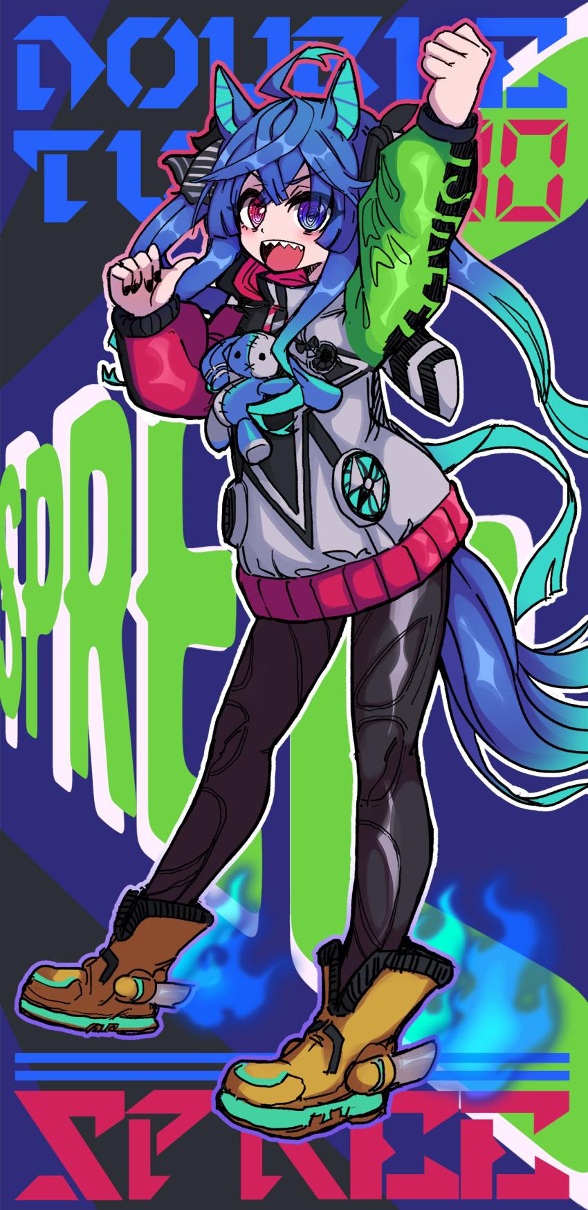 1girl absurdres ahoge animal_ears ankle_boots aqua_hair black_bodysuit blue_eyes blue_hair bodysuit boots chinese_commentary coat commentary_request crossed_bangs full_body gradient_hair heterochromia highres hood hood_down hooded_coat horse_ears horse_girl horse_tail koshou_shou_mitsu long_hair long_sleeves looking_at_viewer multicolored_coat multicolored_hair open_mouth purple_eyes raised_fist sharp_teeth sidelocks smile solo standing stuffed_animal stuffed_rabbit stuffed_toy tail teeth text_background twin_turbo_(umamusume) twintails two-tone_hair umamusume yellow_footwear